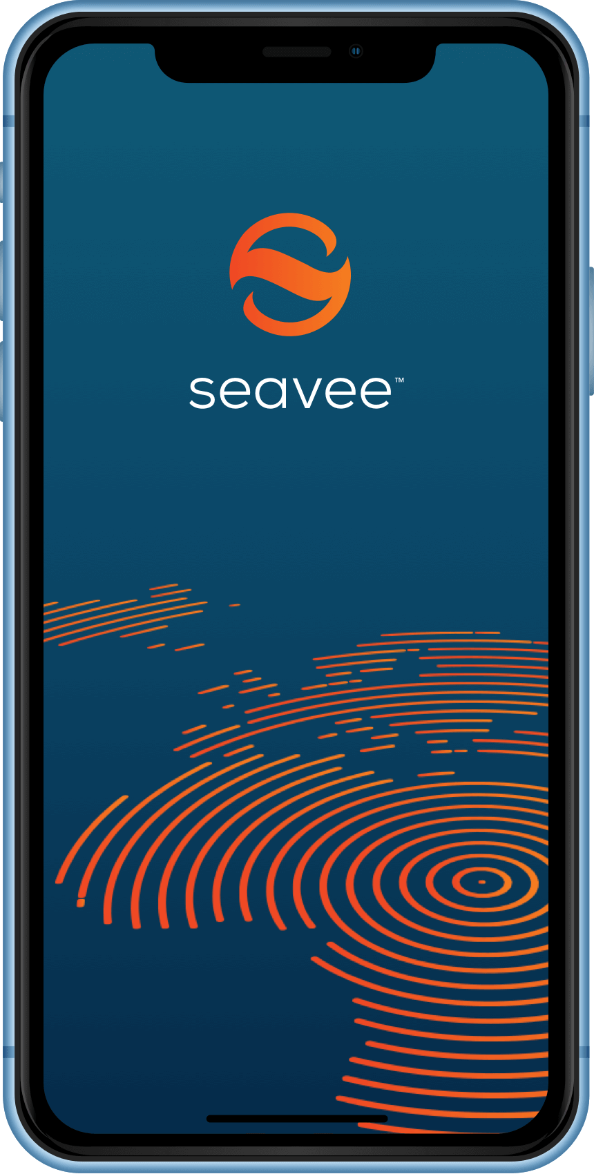 A mockup of the Seavee app showing its splash screen: navy blue background, Seavee logo in the upper part of the screen, orange image graphics in the lower part.