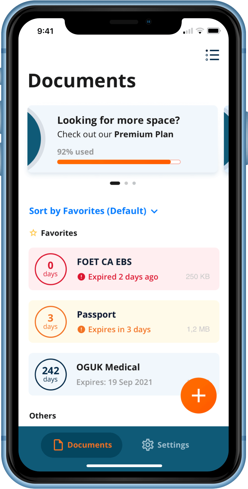A mockup of the Seavee app showing its home screen: white background, slider with promotions in the upper part of the screen, list of documents in the central part, navy blue menu pinned to the bottom of the screen.